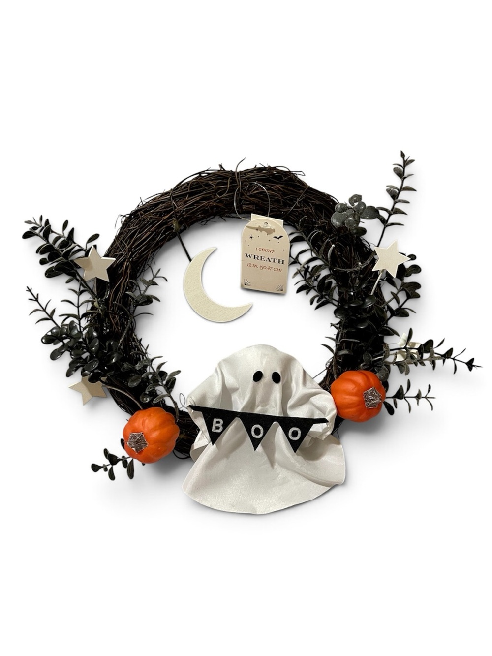 Ghost Wreath with Mini Pumpkins, Moon and Stars